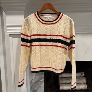 Vigoss Cream Cable Knit Sweater with Red and Navy Stripes